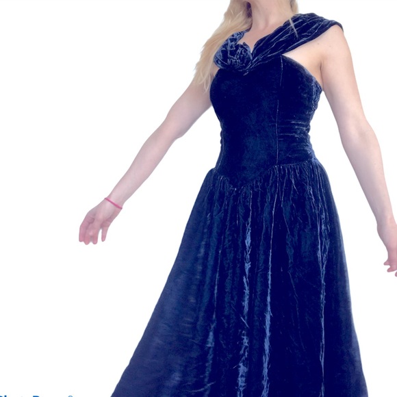 Vintage Crushed Blue Velvet Maxi Dress Gown XS - Picture 12 of 12